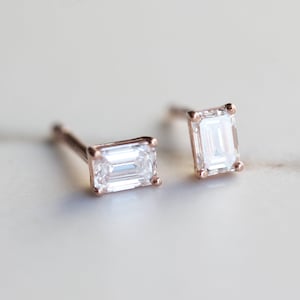Emerald cut diamond earrings, Diamond Stud Earrings, Emerald Diamond Earrings, Rose Gold Diamond Studs, Everyday diamond earrings image 6