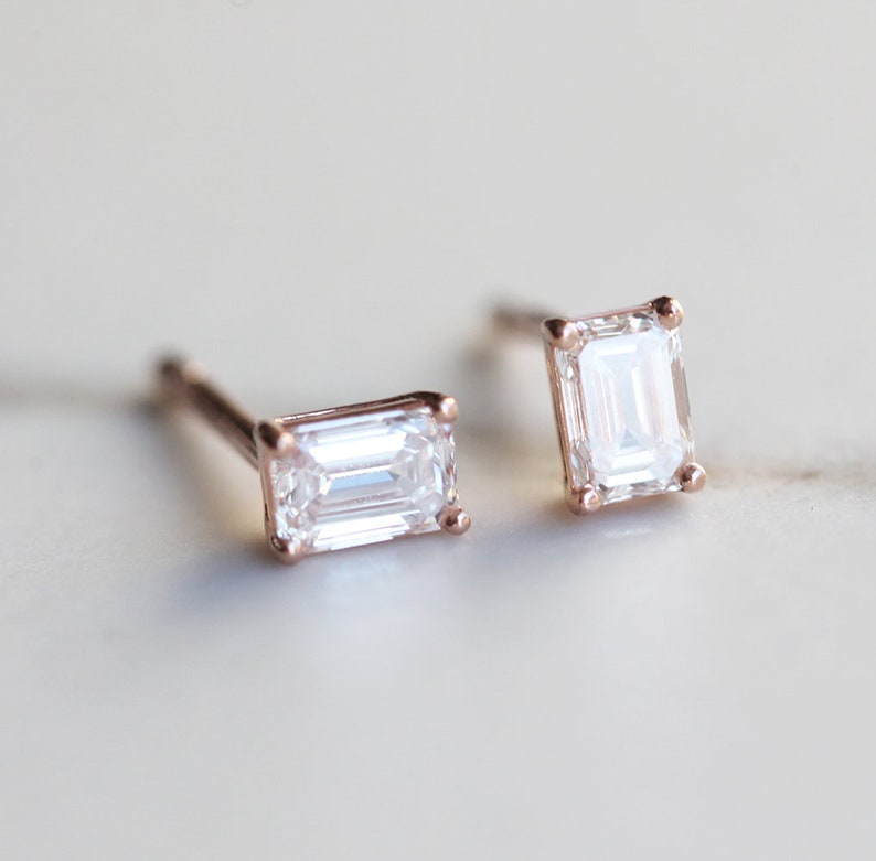 Emerald cut diamond earrings, Diamond Stud Earrings, Emerald Diamond Earrings, Rose Gold Diamond Studs, Everyday diamond earrings image 6