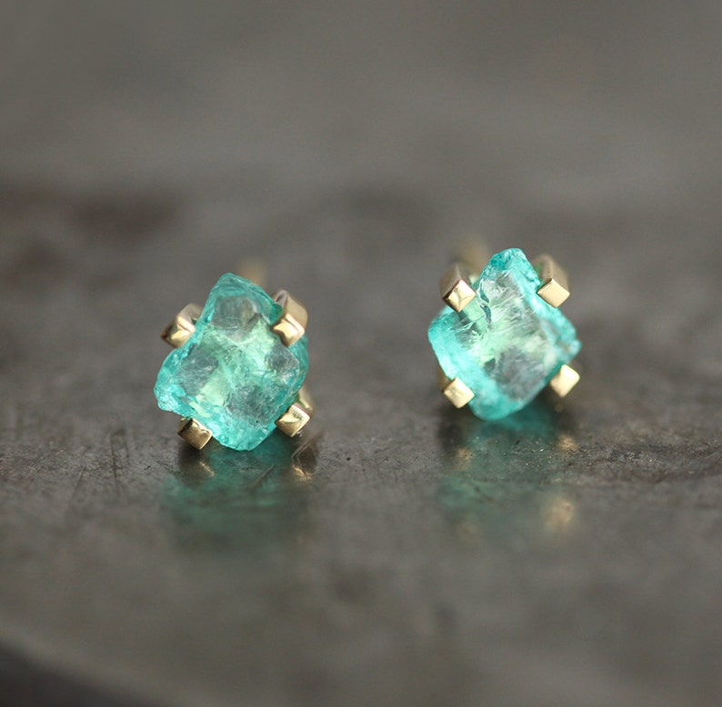 Raw Mint Apatite Studs, Simple Green Earrings, 14k Solid Gold image 1