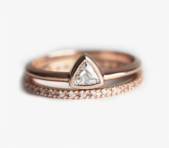 Diamond Wedding Set, Diamond Engagement Ring, Trillion Wedding Diamond Ring, Triangle Diamond Ring, Eternity Diamond Band, 18k solid gold