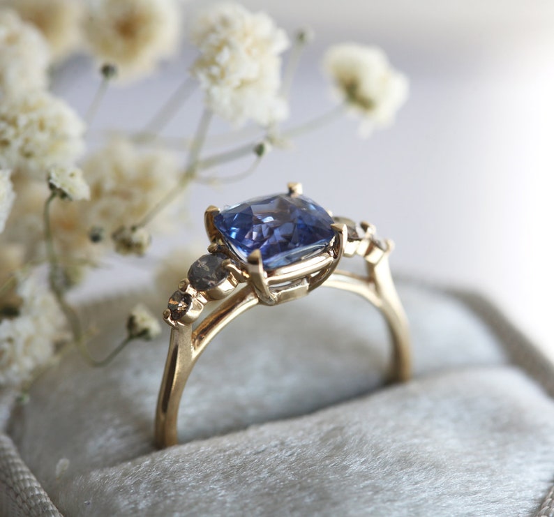 2ct Blue Sapphire Cushion Ring, Sapphire Engagement Ring with Salt Pepper Diamonds, Sapphire Diamond Engagement Ring, Blue Cushion Ring image 10