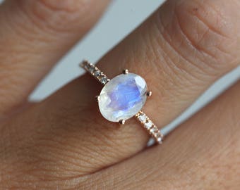 Moonstone engagement ring, Diamond pave ring, Oval rainbow moonstone solitaire, Rose gold wedding ring