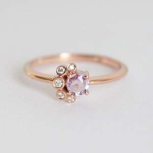 Round Pink Sapphire & Diamond Cluster Ring, Rose Cut Purple Sapphire Ring in 14k Solid Gold image 4