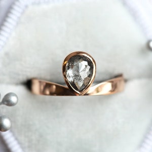 Salt and Pepper Diamond Ring, Rose Cut Pear Diamond Ring, Unique Diamond Engagement, Black, Gray Pear Diamond, 14k 18k rose yellow image 3