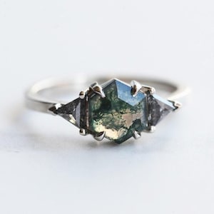 Moss agate engagement ring, Salt pepper diamond ring, Hexagon mossy ring, Triangle cut ring