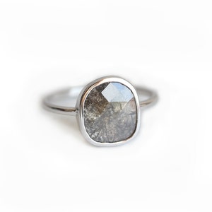 Grey diamond ring, Diamond slice engagement ring, Simple salt pepper ring, Ooak bezel solitaire image 2
