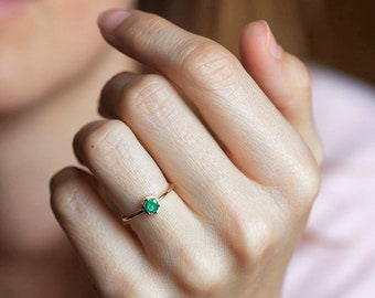 Round Emerald Ring, Simple Hexagon Birthstone Solitaire in 14k Solid Gold