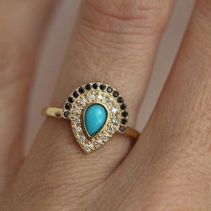 Turquoise Engagement Ring, Bohemian Wedding Ring, Boho Wedding Band, Pear Engagement Ring, 14k Turquoise Ring, 18k Yellow White Rose Gold