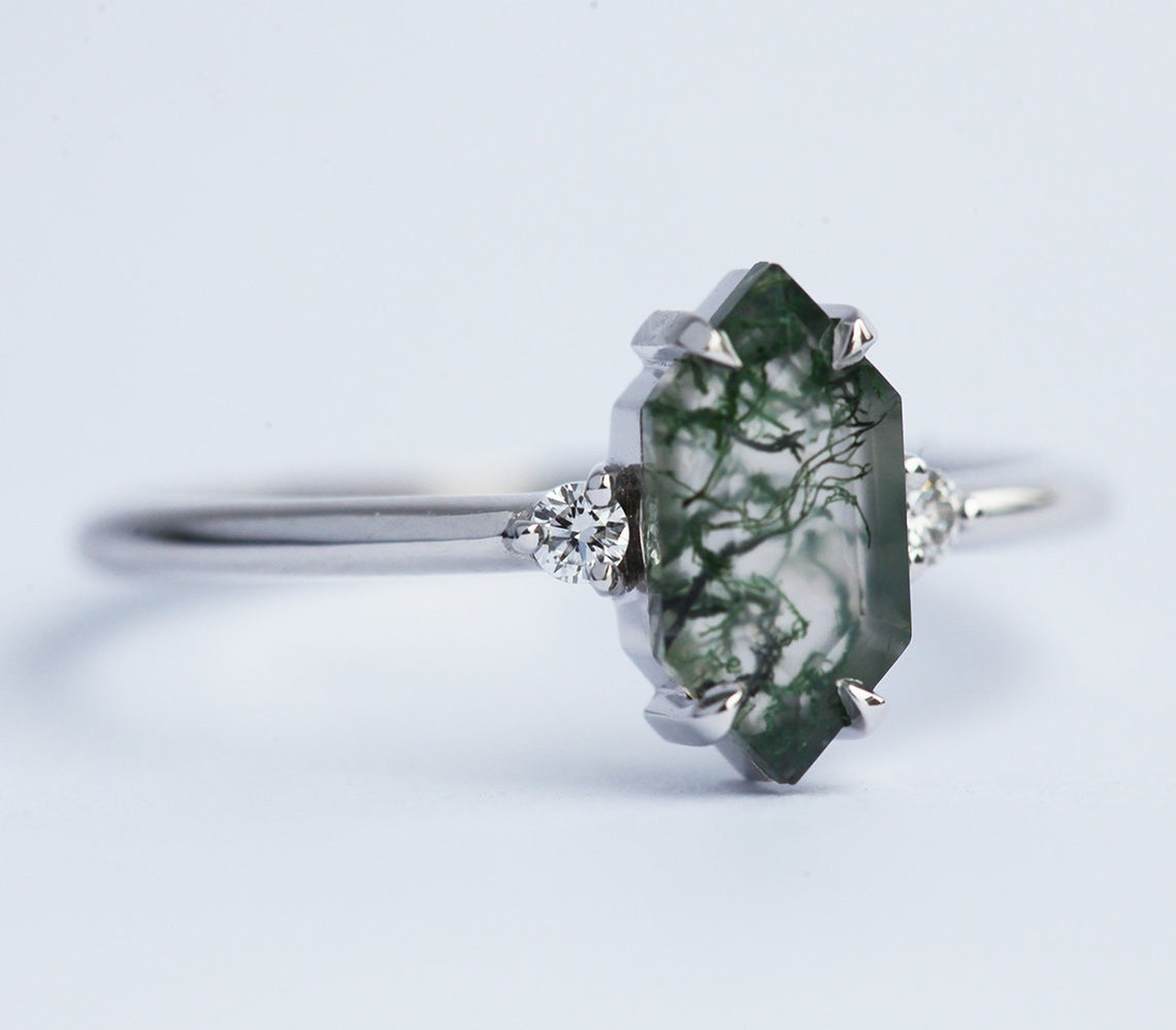 Moss Agate & Diamond Engagement Ring Unique Mossy Ring Etsy