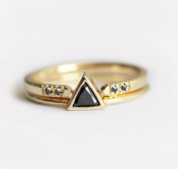Natural Black Diamond Ring with Black Diamond Wedding Band, Triangle Black Diamond Solitaire with Open Diamond Ring