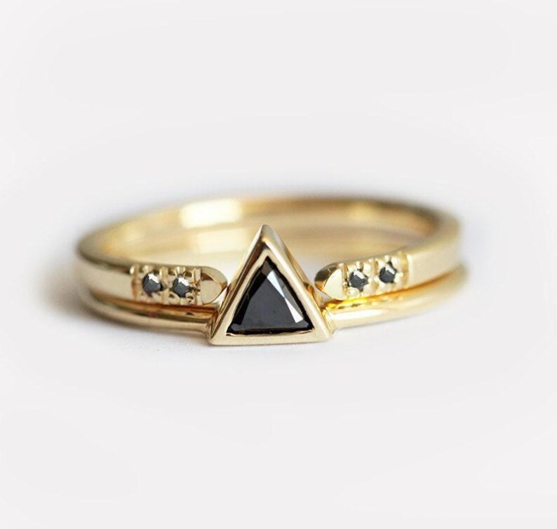 Natural Black Diamond Ring with Black Diamond Wedding Band, Triangle Black Diamond Solitaire with Open Diamond Ring image 1