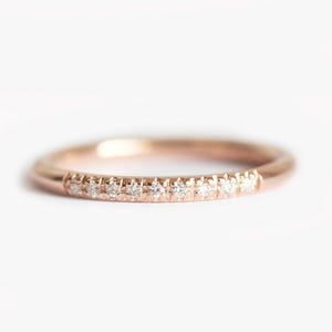 Rose gold diamond wedding band, Micro pave diamond ring, Thin half eternity band, Tiny diamond band