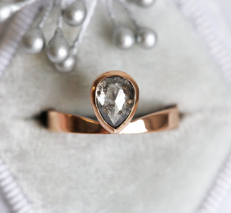 Salt and Pepper Diamond Ring, Rose Cut Pear Diamond Ring, Unique Diamond Engagement, Black, Gray Pear Diamond, 14k 18k rose yellow image 6