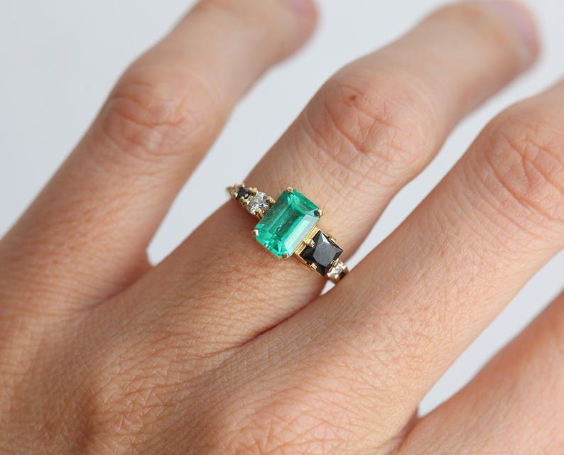 Large emerald diamond Ring, Emerald Cut Emerald Diamond Ring in Yellow Gold, 18k Yellow gold Diamond Ring, Emerald Engagement image 7