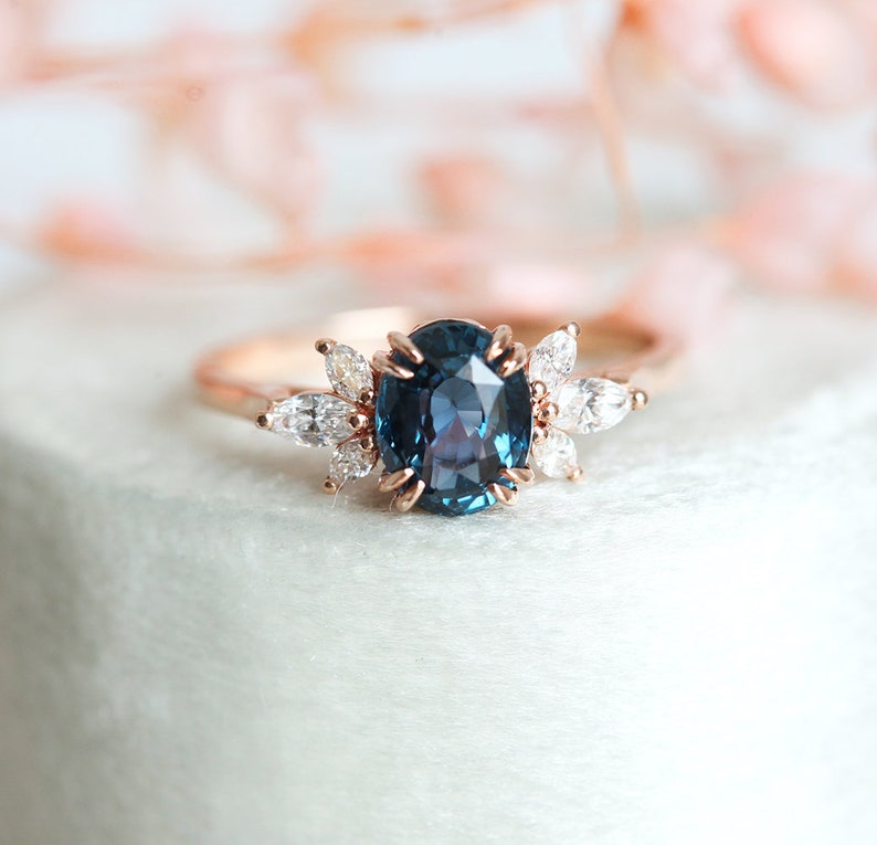 Oval Blue Sapphire Diamond Ring, Blue Sapphire Engagement Ring with Side Diamonds, Oval Cut Sapphire Ring image 5