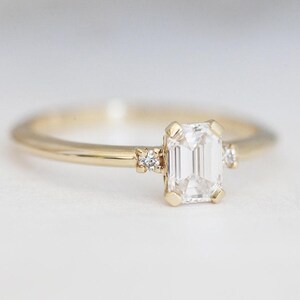 Diamond engagement ring, Emerald cut ring, Three stone ring, Simple gold ring, GIA diamond ring image 2