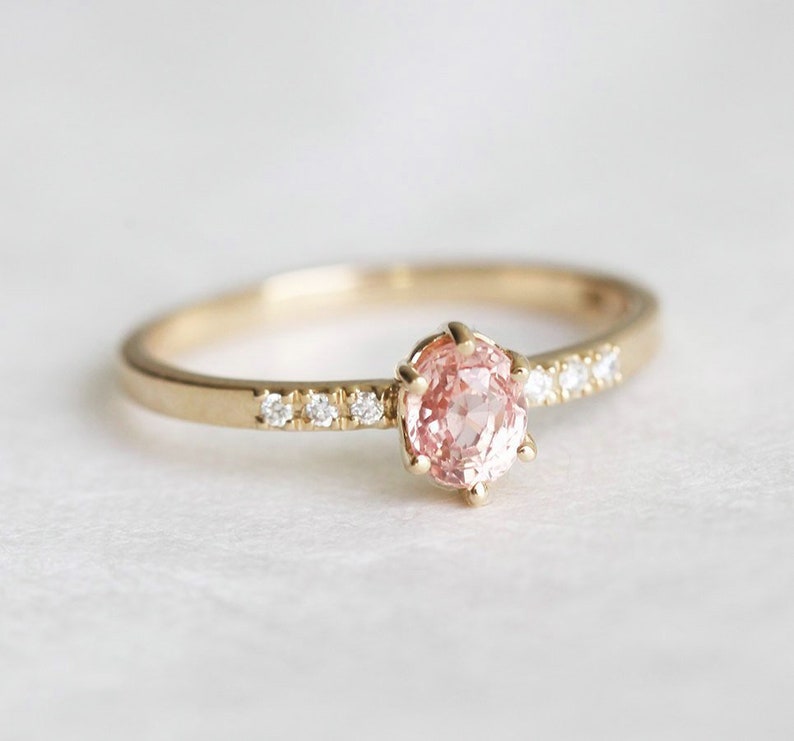 Rose Gold Diamond and Sapphire Ring with Oval Peach Sapphire, Sapphire Ring image 4