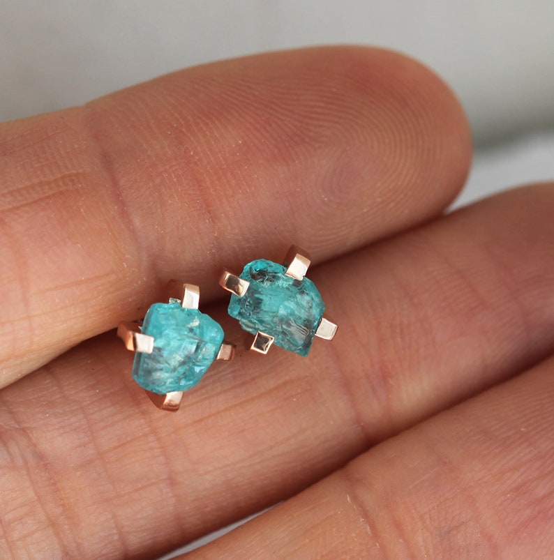 Raw Mint Apatite Studs, Simple Green Earrings, 14k Solid Gold image 7