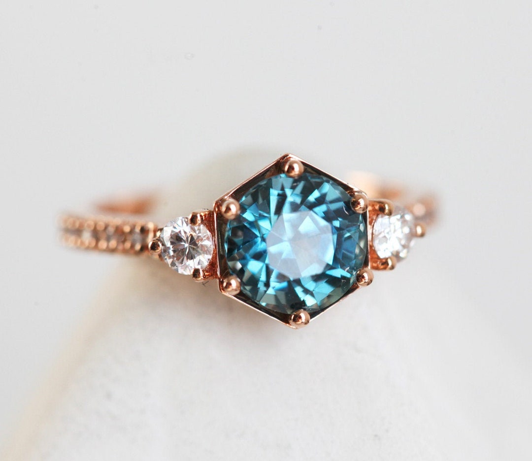 Hexagon Sapphire Engagement Ring Teal Blue Sapphire Diamond - Etsy