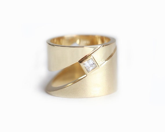 Modern, Flat, Wide Band Ring, 18K White + Diamond with Slim Band 18KY -  Catherine Iskiw Designs
