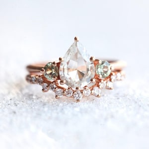 White sapphire ring, Pear sapphire engagement ring set, Unique sapphire wedding set, Sapphire diamond ring