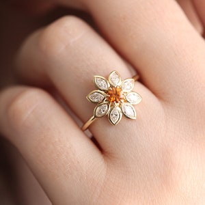 Flower Engagement Ring with Sapphire & Diamonds, 14k or 18k Solid Gold image 10