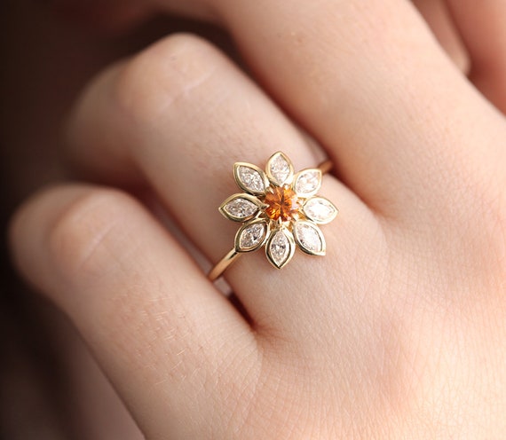 Diamond Flower Engagement Ring Solid Gold Anniversary Ring for Women Chunky  Floral Ring Real Diamond Statement Ring Fine Jewelry Band Ring 