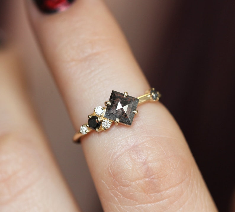 Salt & Pepper Diamond Ring Cluster Engagement Ring Galaxy Etsy