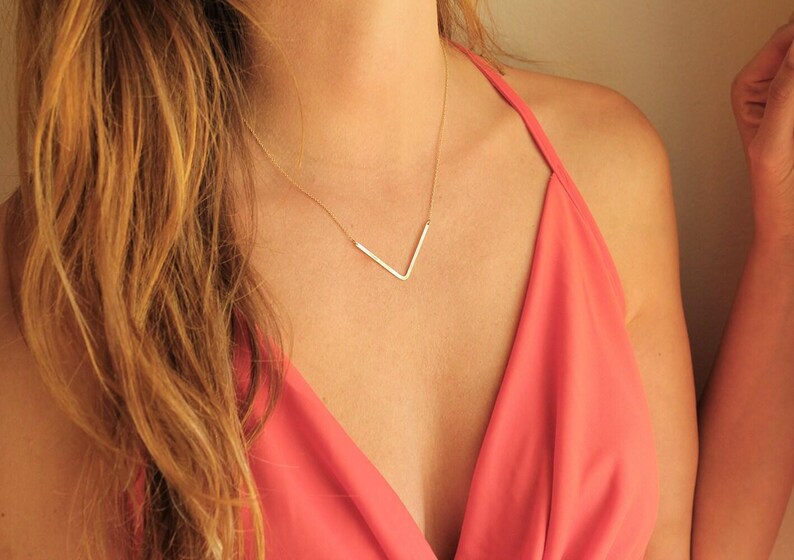 V Bar Necklace, Curved Bar Simple Necklace, Everyday Modern Layering Necklace, Thin Gold Layered Necklace, Dainty Gold Necklace, Jewelry image 2