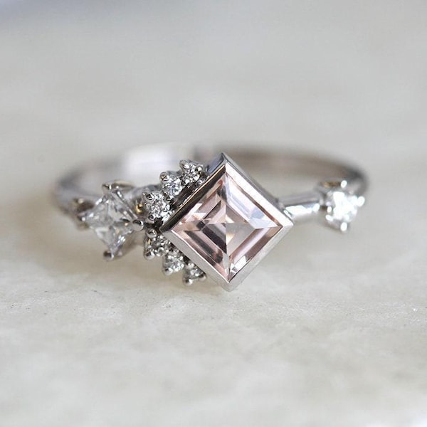 Peach Square Morganite & Diamond Engagement Ring, Morganite Cluster Ring with Diamonds in 14k or 18k Solid Gold