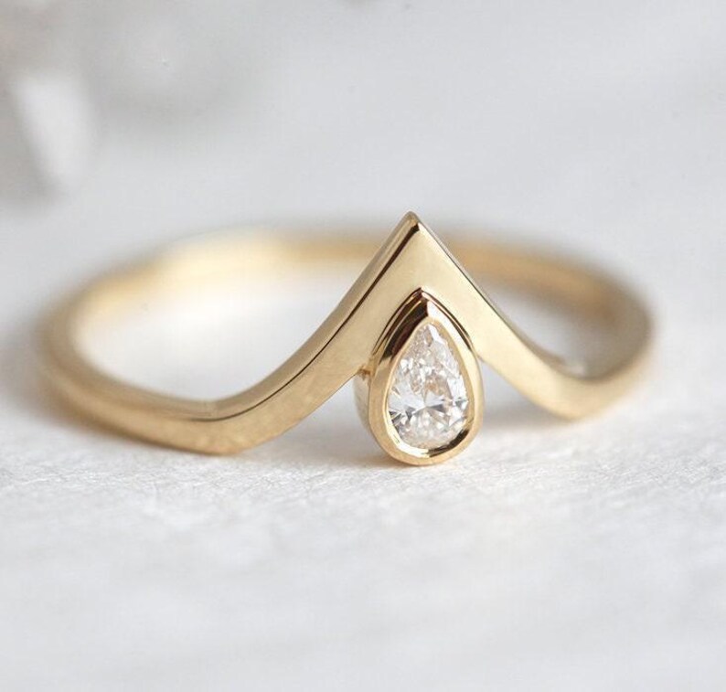 Pear engagement ring, Diamond ring, Small gemstone ring, Tiny v shaped wedding band image 8