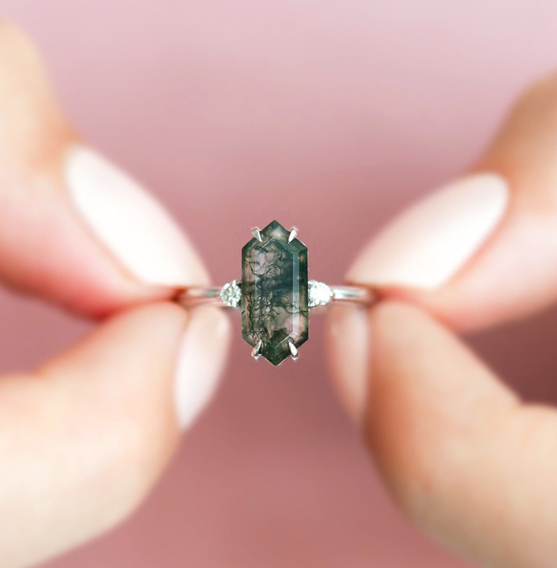 Hexagon moss agate diamond ring, Three stone moss agate ring with elongated hexagon image 1