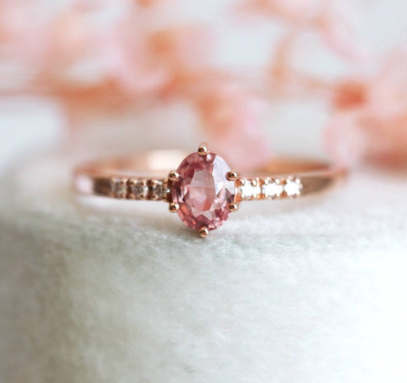 Padparadscha Sapphire Ring Rose Gold, Peach Sapphire Ring With Diamonds, Simple Sapphire Ring image 3