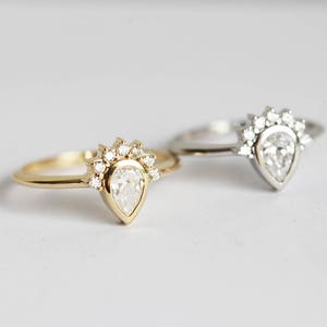 Pear Diamond Engagement Ring or Wedding Set with Lace Curved V Band, 18k Solid Gold or Platinum image 5