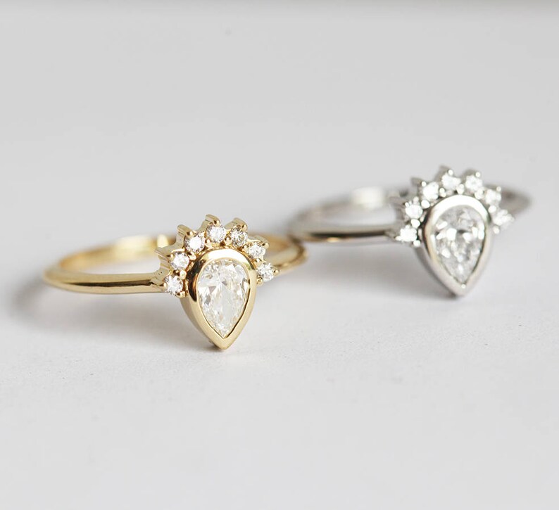 Pear Diamond Engagement Ring or Wedding Set with Lace Curved V Band, 18k Solid Gold or Platinum image 5