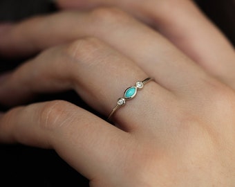 Turquoise Diamond Ring White gold, Marquise Cut Ring with Diamonds, Three Diamond Ring, Delicate White Gold Ring