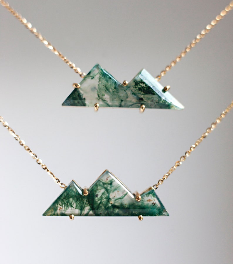 Moss Agate Mountain Necklace For Her, Unique Natural Gemstone Necklace in 14k or 18k Solid Gold image 4