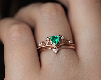 Emerald Diamond Ring Rose Gold, Natural Emerald Engagement Ring, Triangle Engagement Ring, Emerald Ring Set