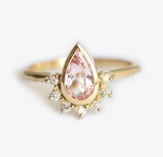 Pear peach sapphire ring, Tiara sapphire engagement ring