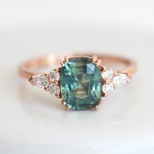 Teal Green Blue Sapphire & Diamond Ring, Cushion Cut Engagement Ring, 14k or 18k Solid Gold image 7