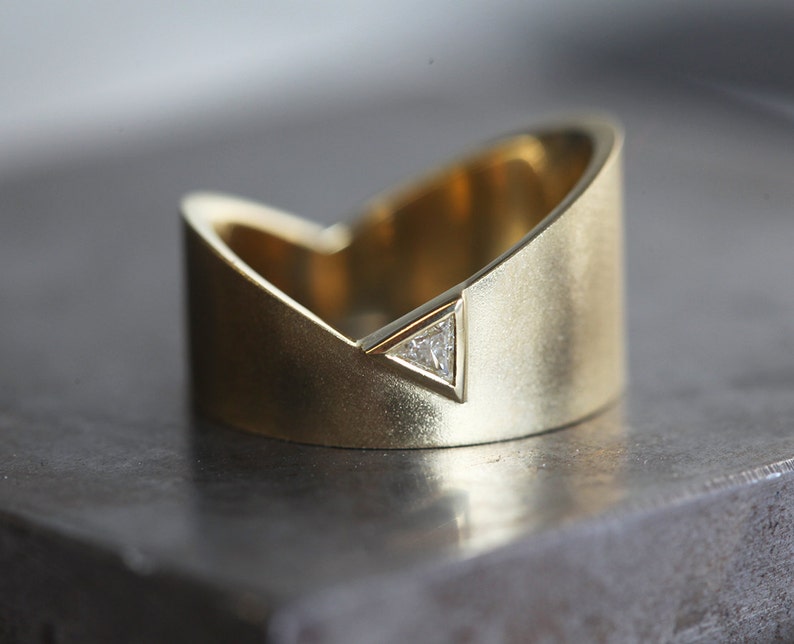 Triangle diamond wedding ring, Modern gold band, Wide trillion diamond ring, Unique asymmetrical ring image 3