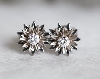 White Gold Diamond Earrings, Diamond Stud Earrings Floral Diamond Earrings for Her, Anniversary Gift