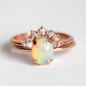 Opal And Diamond Ring Set, Australian Opal Ring With Curved Diamond Ring, Diamond Crown Ring With Opal Solitaire in 14k Rose gold