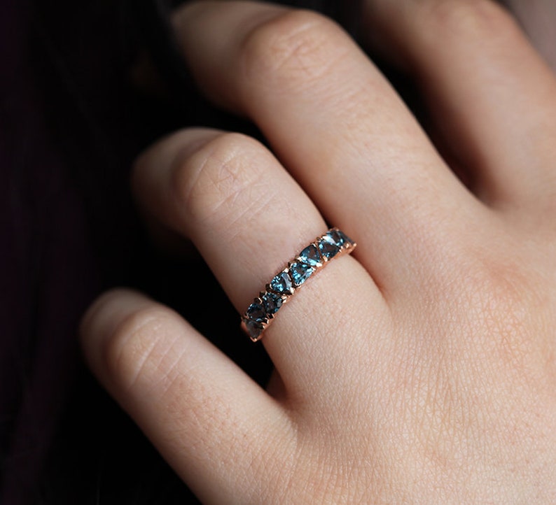 London Blue Topaz Ring, Teal Blue Wedding Band, Rose Gold Wedding Ring with London Blue Topaz, Unique Trillion Wedding Band image 9