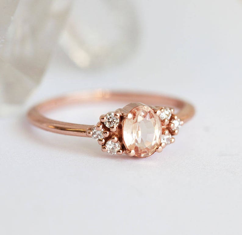 Oval Peach Sapphire Cluster Ring with side Diamonds Solid | Etsy