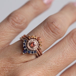 Sapphire engagement ring set, Sunset wedding set, Orange & blue gemstone rings image 2