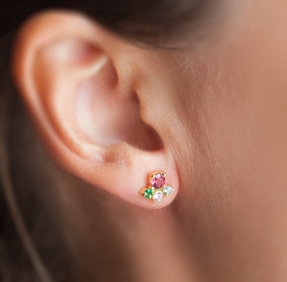 Sapphire and Opal Earrings Cluster Stud Solid 9 Carat Yellow Gold Studs Sapphire and Opal Earrings Cluster Stud Solid 9 Carat Yellow Gold Studs