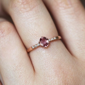Padparadscha Sapphire Ring Rose Gold, Peach Sapphire Ring With Diamonds, Simple Sapphire Ring image 5