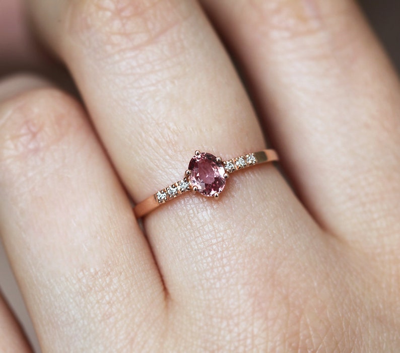 Padparadscha Sapphire Ring Rose Gold, Peach Sapphire Ring With Diamonds, Simple Sapphire Ring image 5