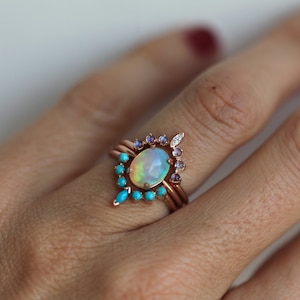 Ocean Ring Set, Engagement Ring Set with Oval Australian Fire Opal, Moonstone, Diamond & Turquoise Curved Band Rings, Bridal or Wedding Set image 8